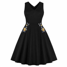 Load image into Gallery viewer, Women Sleeveless Summer Vintage Midi Dresses 2019 Elegant Black Casual Floral  Embroidery Female Fashion Retro Short Swing Dress